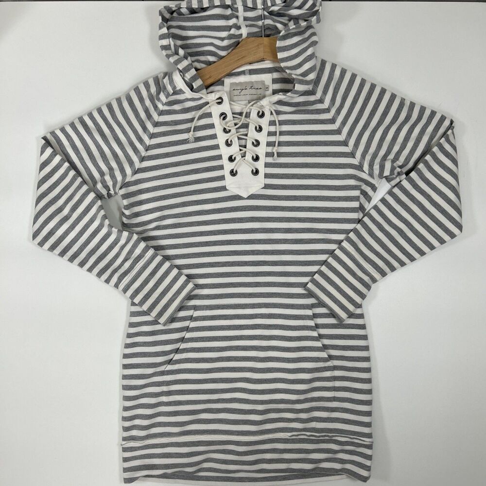 Evys Tree Full Zip Tunic Hoodie Size Small Gray White Stripe Nautical Pockets